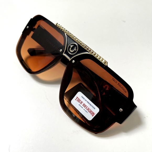 NWT Original TRUE RELIGION Square Sunglasses High Bridge Acetate Black BrownGold - Picture 6 of 6